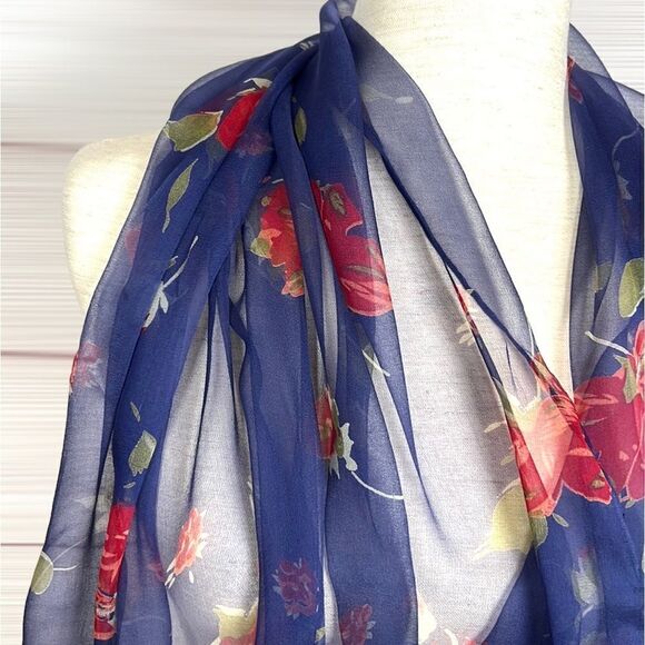 Silk Chiffon Blue with Floral Roses Print Lightweight scarf - Picture 2 of 13